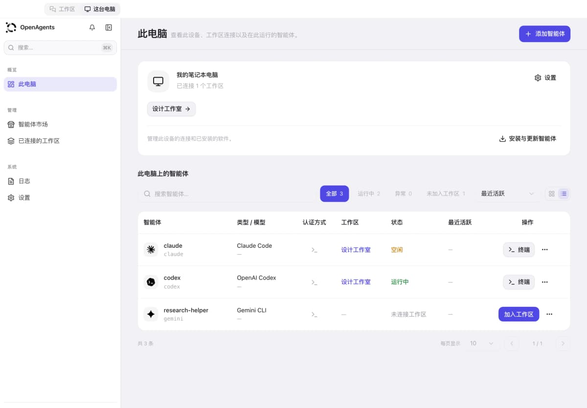OpenAgents 本机视图,展示示例电脑、本地智能体和已连接的工作空间。