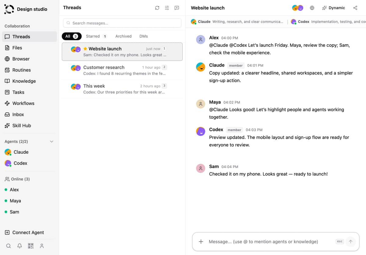 OpenAgents workspace showing Alex, Maya, and Sam online, collaborating with Claude and Codex in a shared conversation. Sample content.