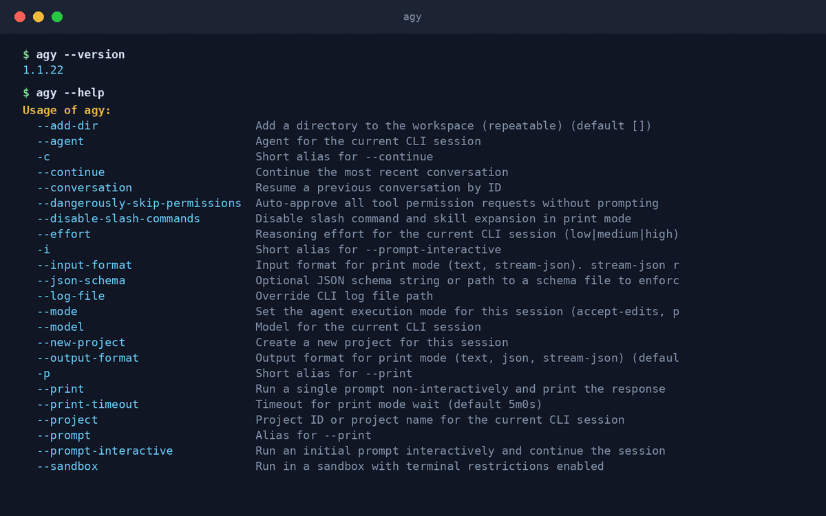 Real terminal output from Antigravity CLI