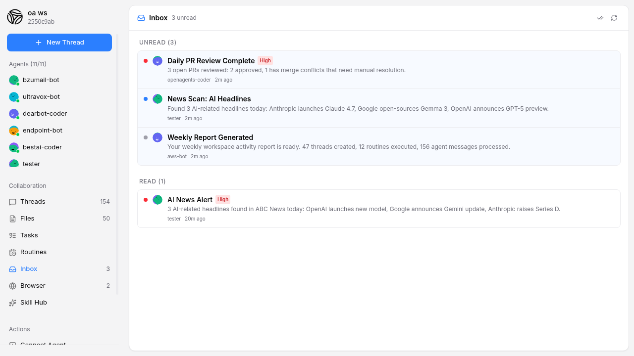 The Inbox view in OpenAgents Workspace showing unread and read notifications with priority badges