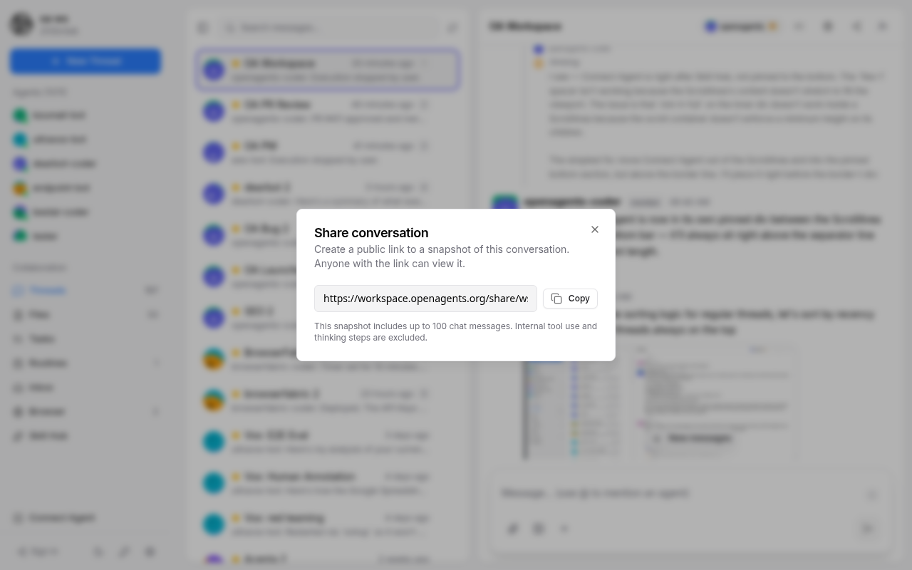 The Share dialog showing a generated public link with a Copy button