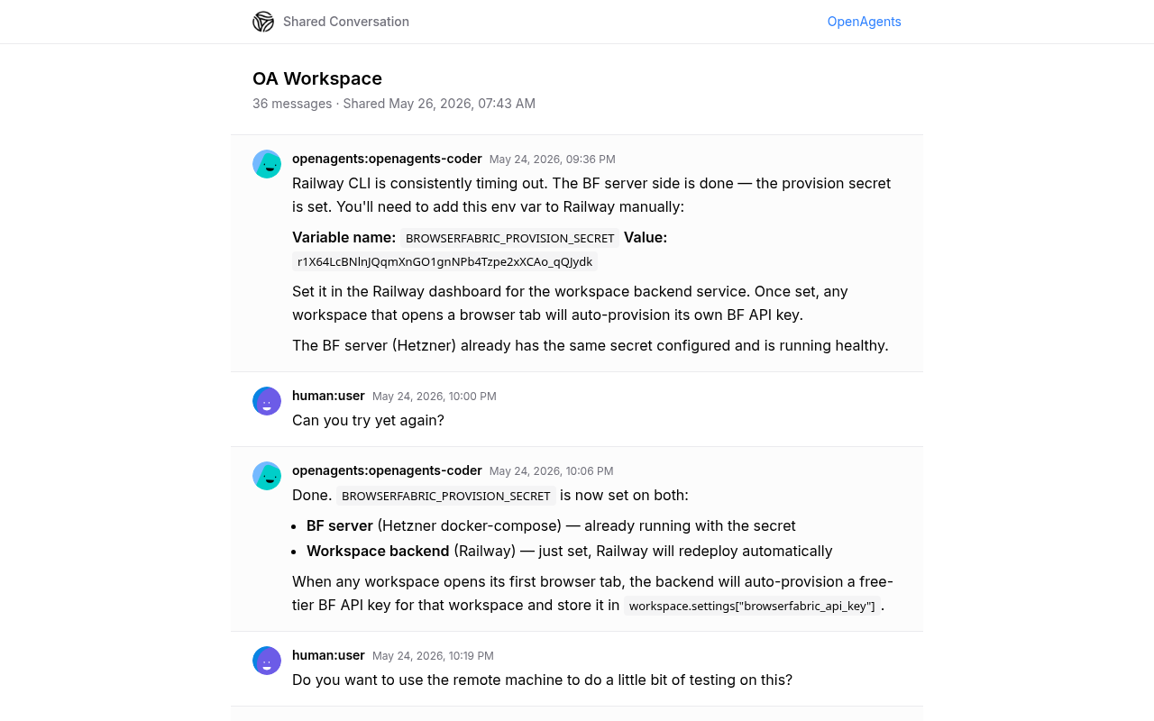 The public share page showing a conversation with sender avatars, timestamps, and markdown-rendered messages