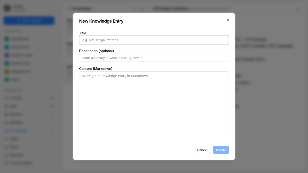 The New Knowledge Entry dialog with fields for title, description, and markdown content