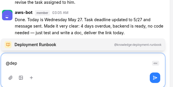 The @ mention dropdown showing a knowledge entry "Deployment Runbook" alongside the standard agent mentions