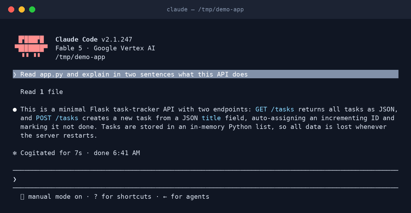 Claude Code session reading a Flask app and explaining its two endpoints