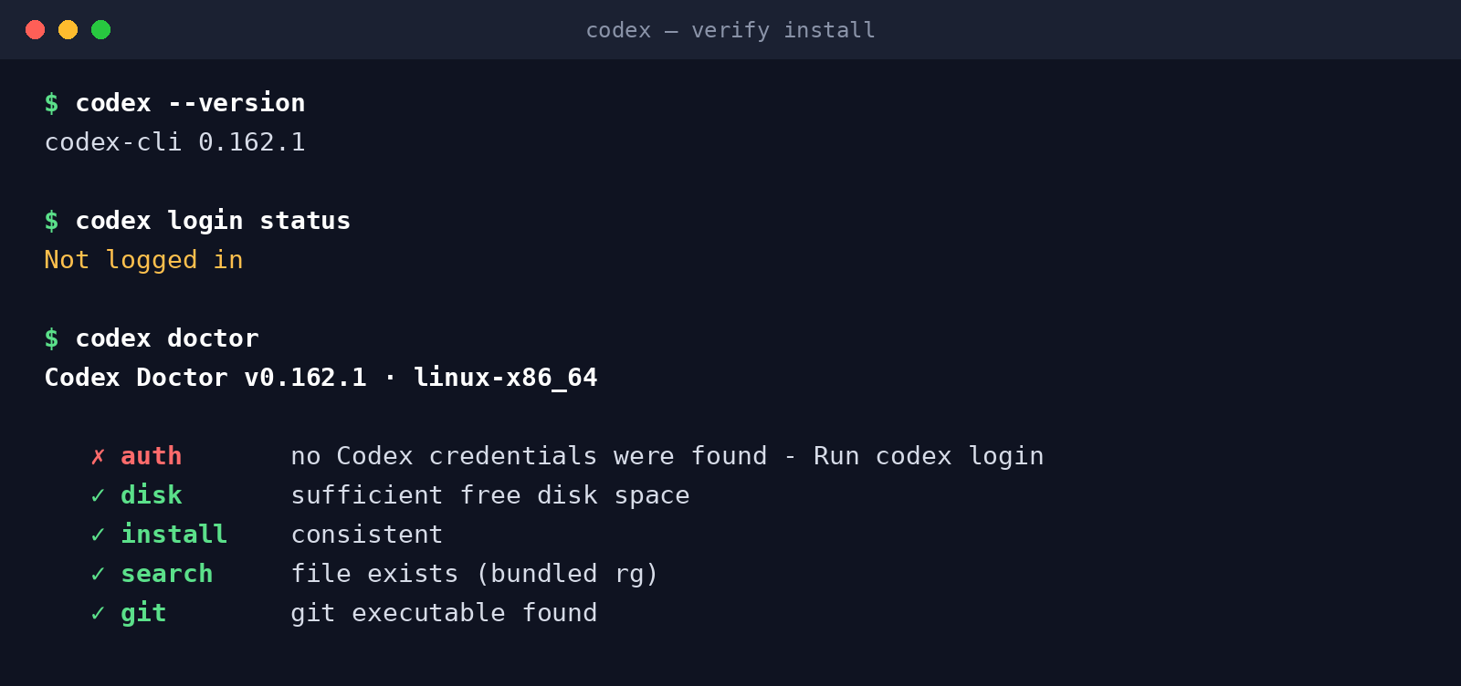 终端运行 codex --version 输出 codex-cli 0.162.1；codex login status 输出 Not logged in；codex doctor 提示缺少凭证，磁盘、安装、搜索和 git 检查均通过