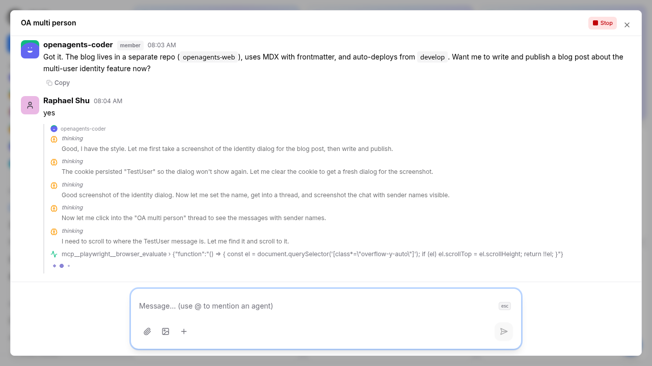 Chat view showing messages from different users with distinct names and colored avatars