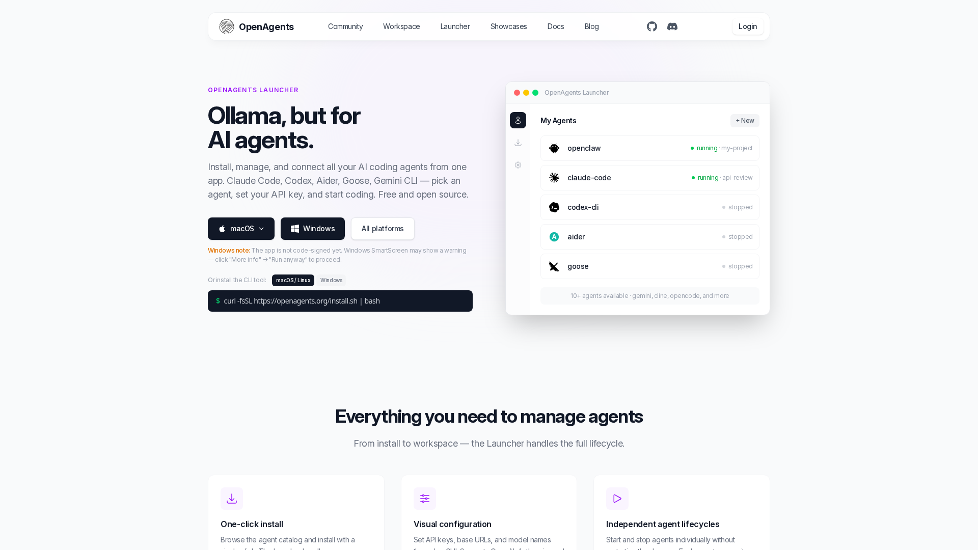 OpenAgents Launcher — install, configure, and connect AI coding agents from one app
