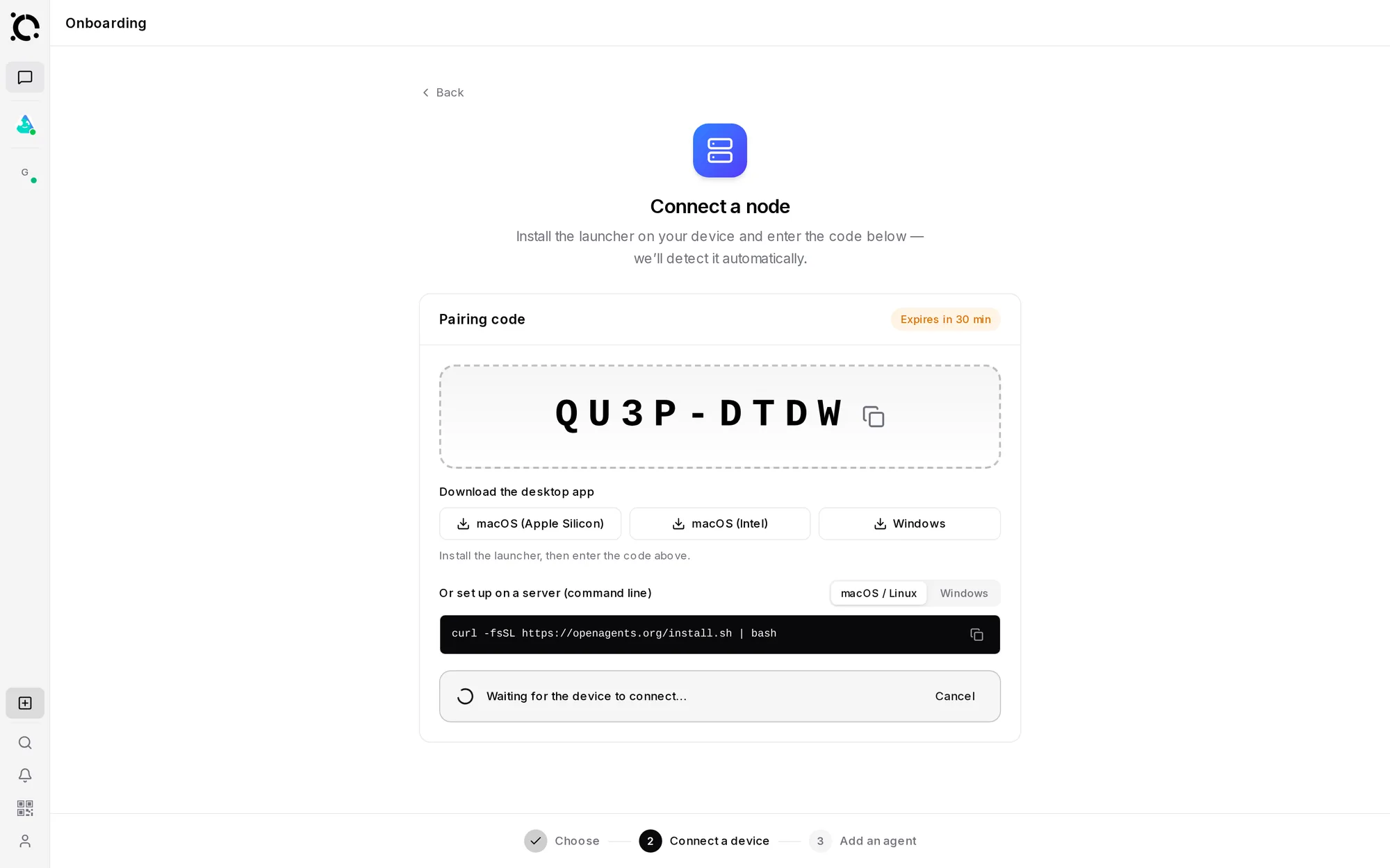 Connect Agent — Nodes tab with pairing code