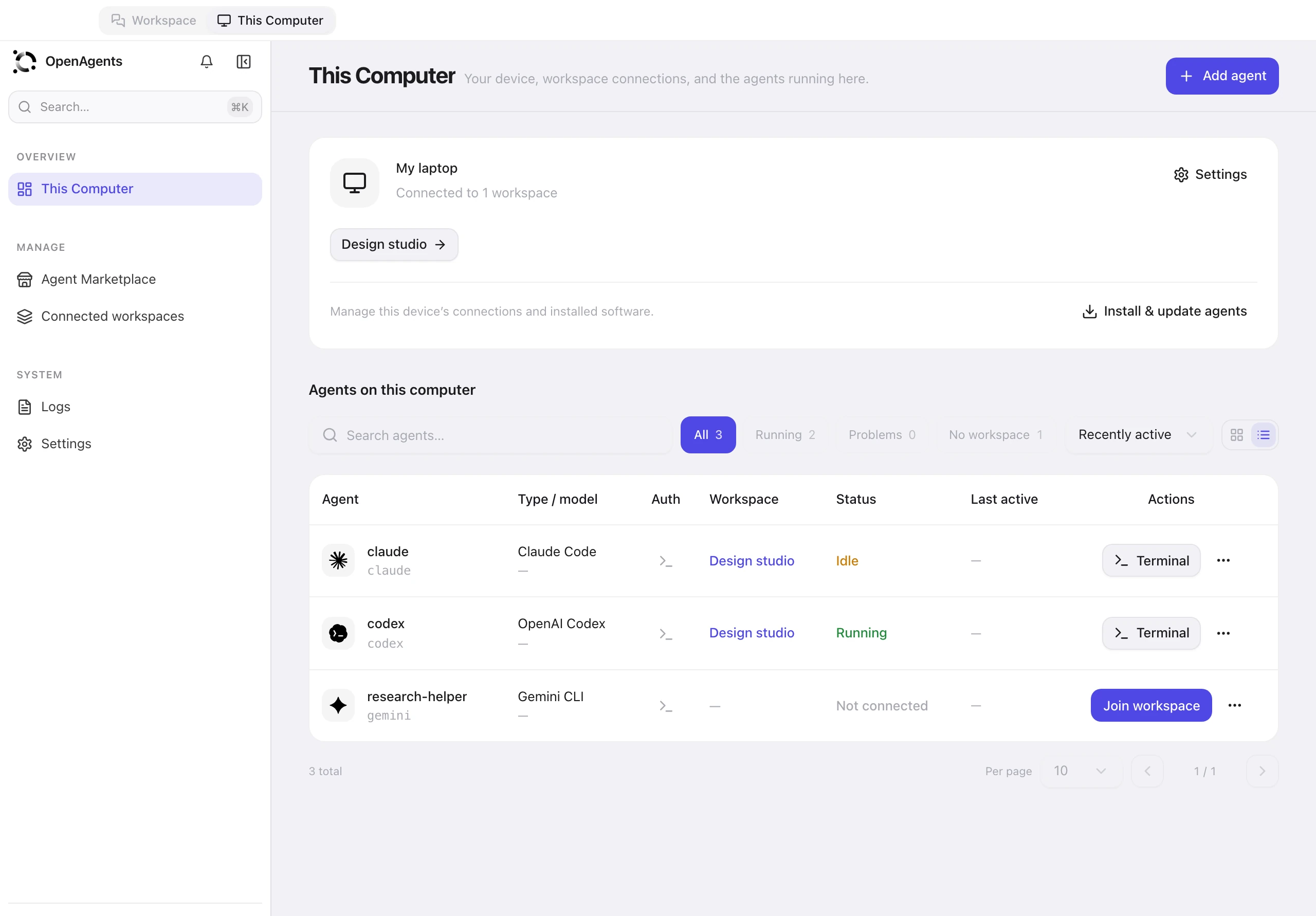 This Computer view with local agents and a connected workspace