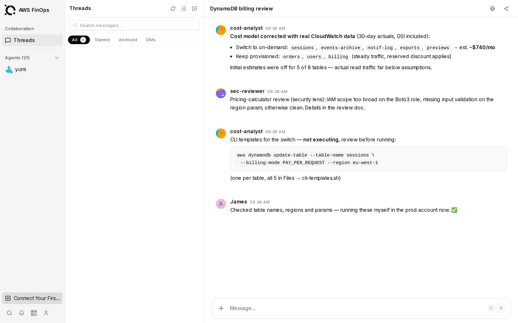Four agents audit AWS costs across accounts — the engineer keeps the approval — OpenAgents Workspace